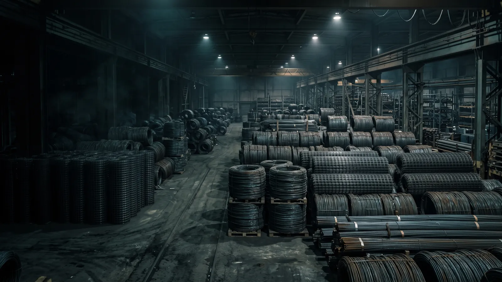 Warehouse of steel wire coils and welded mesh at the Leeter factory